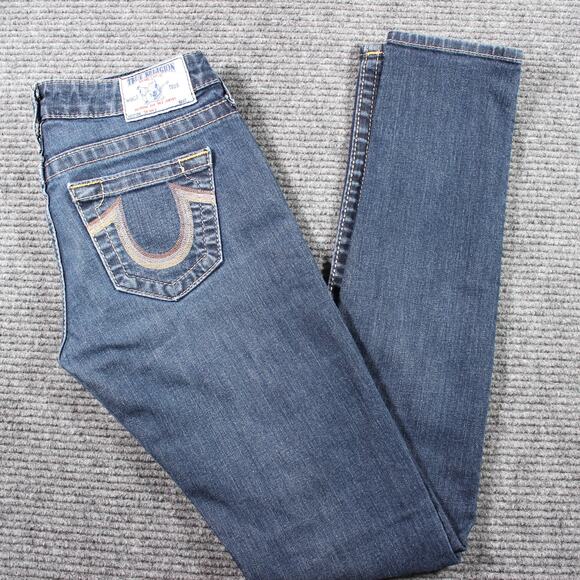 True Religion Jeans Womens 26 Blue Skinny 32 Inseam Contrast Stitch USA - Picture 1 of 12